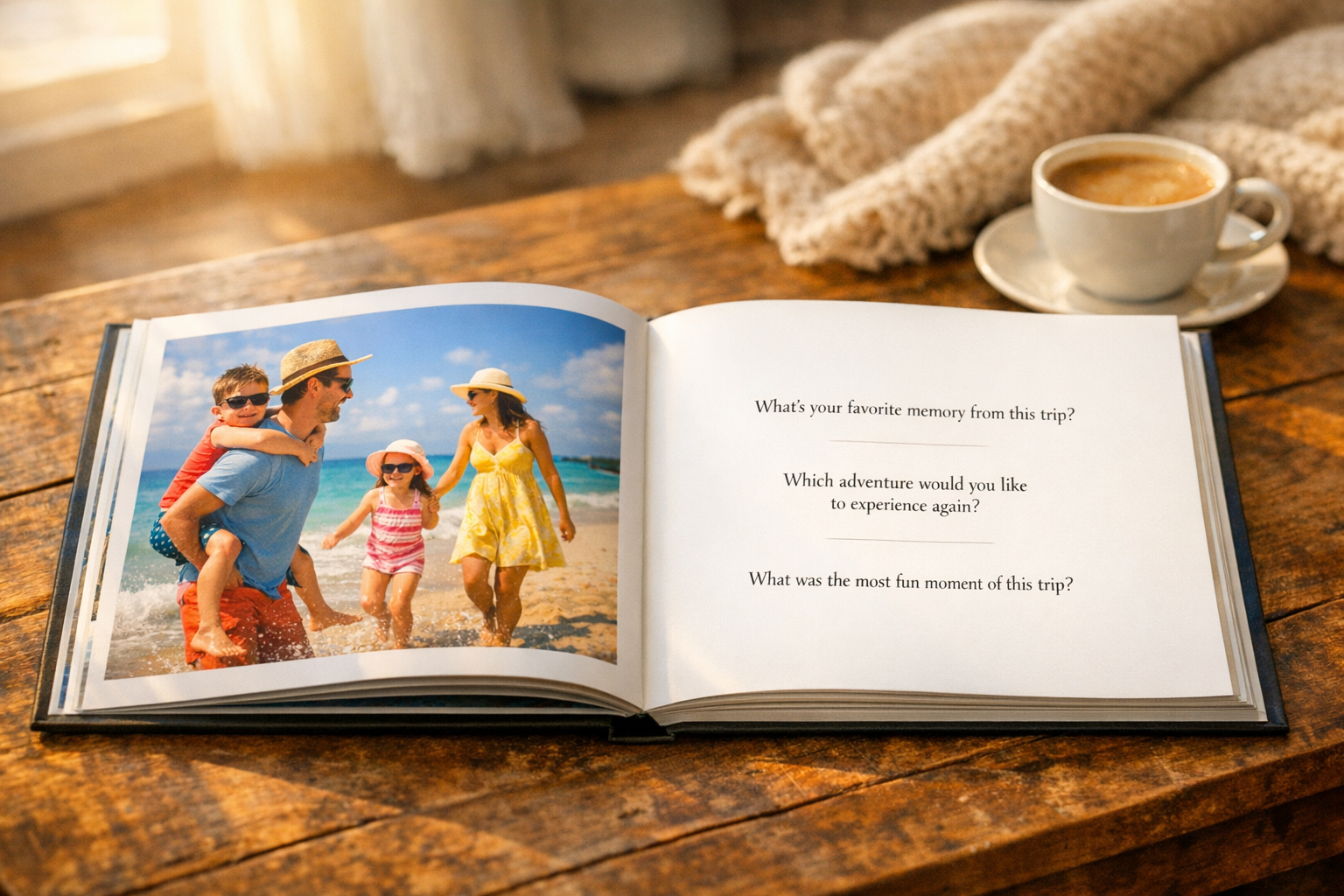 An open photo book on a coffee table showing family beach photos and guided questions